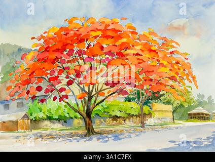 Acquerello astratto paesaggio dipinto originale rosso, arancio, fiore di pavone e sfondo nuvoloso Foto Stock
