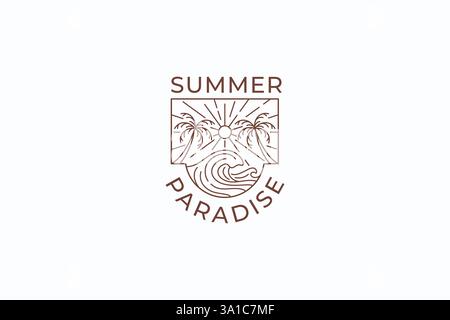 Summer Paradise Beach, Sun and Waves Linear Abstract retro Illustration Illustrazione Vettoriale