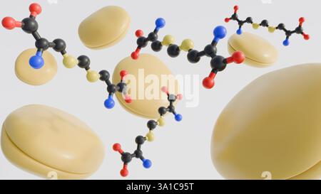 Una rappresentazione 3D raffigura la struttura molecolare dell'acido djengkolico accanto alla sua fonte naturale, un ammasso di fagioli jengkol. Foto Stock