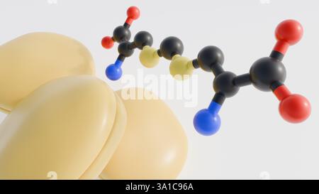 Una rappresentazione 3D raffigura la struttura molecolare dell'acido djengkolico accanto alla sua fonte naturale, un ammasso di fagioli jengkol. Foto Stock