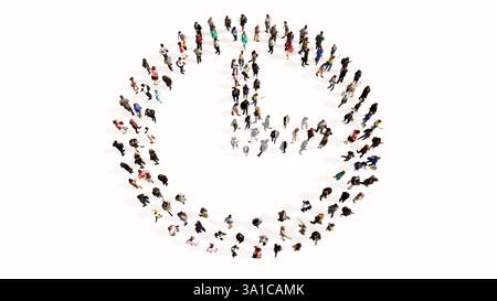 Concetto concettuale grande comunità di persone che formano l'icona dell'orologio. metafora di illustrazione 3d per tempo, conto alla rovescia, cronometro, attività e scadenza Foto Stock