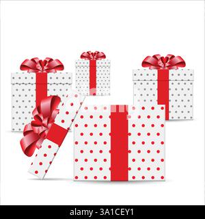 Scatole regalo bianche con pois e fiocco rosso. stile 3d, design per omaggi, sorpresa, vacanze. Illustrazione vettoriale. illustrazione delle scorte Illustrazione Vettoriale