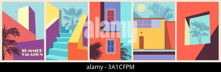 Un set di poster colorati astratti per le vacanze estive Illustrazione Vettoriale
