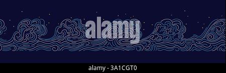 Struttura marina senza cuciture. Onde alte in stile orientale. Un bordo grafico con linee sottili. Tracciare la striscia orizzontale della grafica. Tempesta vettoriale sullo sfondo notturno. Fab Illustrazione Vettoriale