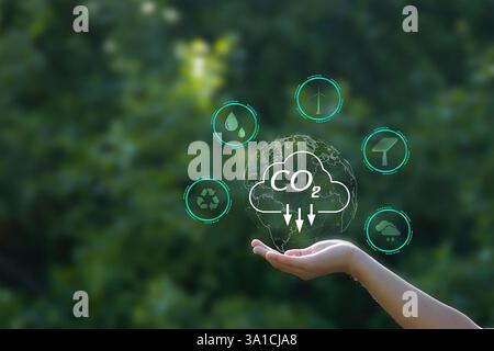 Il concetto di emissioni zero di carbonio riduce le emissioni di CO2, riducendo il riscaldamento globale. Obiettivo di zero emissioni nette di carbonio 2050 Foto Stock