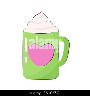 Tazza verde crema e caffè con cuore rosa in stile cartoni animati. Illustrazione colorata e allegra su sfondo bianco. Bevanda calda. Illustrazione Vettoriale