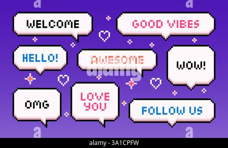 Raccolta di bolle vocali pixel con messaggi positivi. Benvenuto, ciao, buone vibrazioni, fantastico. Illustrazione vettoriale Illustrazione Vettoriale