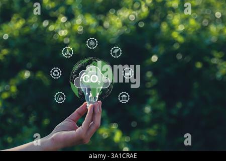 Il concetto di emissioni zero di carbonio riduce le emissioni di CO2, riducendo il riscaldamento globale. Obiettivo di zero emissioni nette di carbonio 2050 Foto Stock