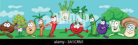 Set di caratteri vegetali per cartoni animati su sfondo orizzontale. illustrazione vettoriale clip art Illustrazione Vettoriale