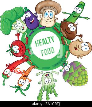I personaggi di Happy Cartoon Vegetables sono ambientati in tondo . illustrazione vettoriale clip art Illustrazione Vettoriale