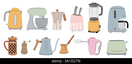 Utensili da cucina, utensili, attrezzature, set vettoriale piatto Illustrazione Vettoriale