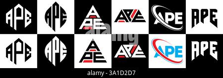 Logo APE Letter in sei stili. Poligono APE, cerchio, triangolo, esagono, piatto e semplice con logo lettera variazione colore bianco e nero Illustrazione Vettoriale