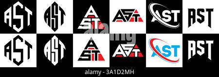 Logo AST Letter in sei stili. Poligono AST, cerchio, triangolo, esagono, piatto e semplice con logo lettera di variazione colore bianco e nero Illustrazione Vettoriale