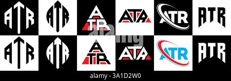 Logo ATR Letter in sei stili. Poligono ATR, cerchio, triangolo, esagono, piatto e semplice con logo lettera variazione colore bianco e nero Illustrazione Vettoriale