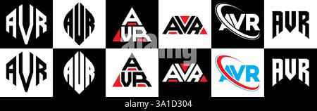 Design con logo AVR Letter in sei stili. Poligono AVR, cerchio, triangolo, esagono, stile semplice e piatto con logo lettera di variazione colore bianco e nero Illustrazione Vettoriale