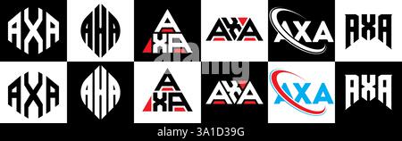 Logo AXA Letter in sei stili. Poligono AXA, cerchio, triangolo, esagono, piatto e semplice con logo lettera variazione colore bianco e nero Illustrazione Vettoriale