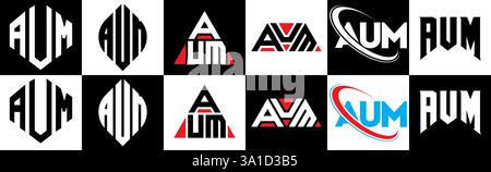Logo AUM Letter in sei stili. Poligono AUM, cerchio, triangolo, esagono, piatto e semplice con logo lettera variazione colore bianco e nero Illustrazione Vettoriale