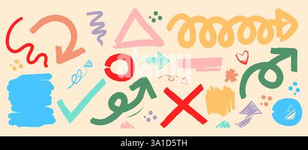 colorata collezione di frecce di schizzo e forme geometriche Illustrazione Vettoriale