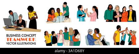 Set di scene con uomini e donne che lavorano insieme Illustrazione Vettoriale