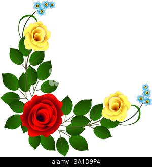 Disposizione di rose e fiori blu. Illustrazione Vettoriale