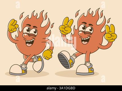 Illustrazione di due allegri personaggi di fiamma con gesti vibranti che trasmettono positività ed energia Illustrazione Vettoriale
