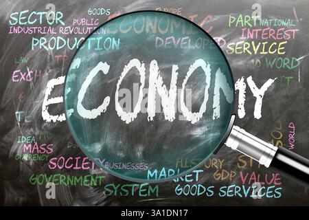 Economia in fase di studio, esame - sotto stretta ispezione. Gli argomenti e le idee più importanti strettamente correlati all'economia scritti su una lavagna ispezionano Foto Stock