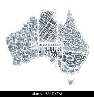 Fumetto di testo a forma di Australia. Confine del paese con ombra su sfondo bianco. Australia con divisione regionale in stile vintage gazette. Illustrazione Vettoriale