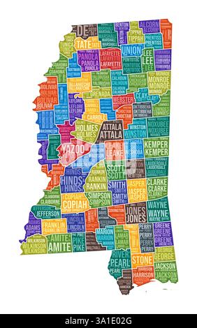 A forma di Mississippi. State Word cloud con divisione contea. Illustrazione a colori del Mississippi. I nomi delle contee sono nubi. Illustrazione vettoriale. Illustrazione Vettoriale