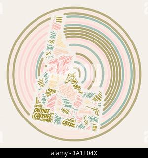 Poster rotondo dell'Idaho. Immagine di stato in stile tipografico. Contee nuvole di parole dell'Idaho. Design vintage con texture graffiante. Illustrazione Vettoriale