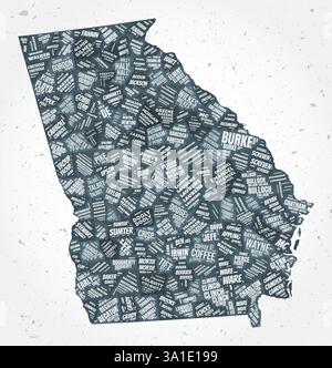 Nuvole di parole delle contee della Georgia. Indicare la forma su sfondo testurizzato. Design georgiano in stile tipografico. Elegante illustrazione vettoriale. Illustrazione Vettoriale
