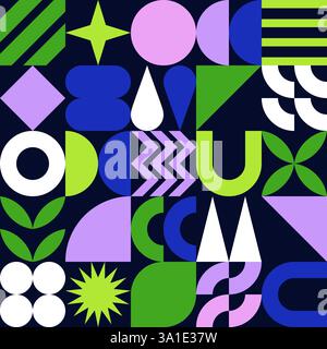 Sfondo delle piastrelle geometriche astratte. Design bauhaus piatto vettoriale per striscioni, poster, biglietti d'auguri, copertina stampata. Semplici elementi primitivi, mare colorato Illustrazione Vettoriale