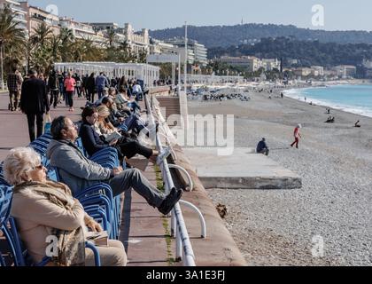 Saint Ouen, Parigi, Francia. 8 marzo 2025. La Promenade des Anglais o Prom' è un viale lungo il lungomare di fronte alla Baia degli Angeli, a Nizza. (Credit Image: © Sadak Souici/ZUMA Press Wire) SOLO PER USO EDITORIALE! Non per USO commerciale! Foto Stock