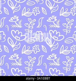 Un vivace motivo senza cuciture caratterizzato da stravaganti fiori di doodle in varie sfumature di viola. Questa illustrazione vettoriale cattura un tocco artistico e giocoso Illustrazione Vettoriale