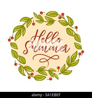 Un'affascinante corona estiva fatta di foglie verdi lussureggianti e frutti di bosco vibranti, che mostra l'essenza della stagione. Questa illustrazione vettoriale irradia calore Illustrazione Vettoriale