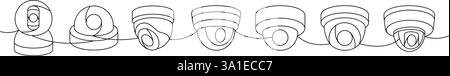Telecamere di sicurezza, disegno continuo su una linea. Sistema di protezione domestica di sicurezza. Illustrazione vettoriale. Illustrazione Vettoriale