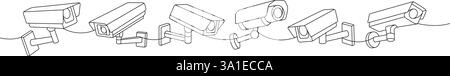 Videocamera a una linea di disegno continuo. Telecamere CCTV esterne. Illustrazione vettoriale. Illustrazione Vettoriale
