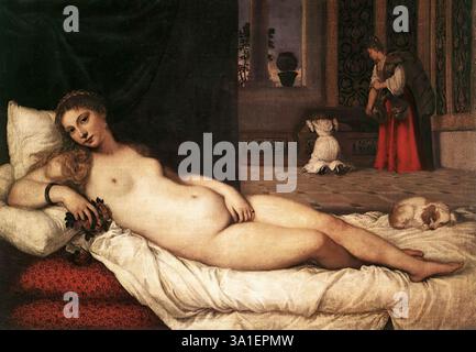 TIZIANO Vecellio (B. 1490, Pieve di Cadore, d. 1576, Venezia) la Venere di Urbino 1538 olio su tela, 119 x 165 cm Galleria degli Uffizi, Firenze la Venere di Urbino fu dipinta per Guidobaldo della Rovere, erede di Francesco Maria della Rovere, duca di Urbino. Se la posa di questa Venere ricorda quella della Venere addormentata di Giorgione a Dresda (che il giovane Tiziano aveva completato dopo la morte di Giorgione), l'intento del dipinto è molto diverso. La Venere di Tiziano non ha nulla a che fare con l'immagine idealizzata di Giorgione della bellezza femminile, è normalmente interpretata come un'allegoria di Foto Stock