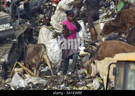 Guwahati, Guwahati, India. 8 marzo 2025. Una donna raccoglitrice di rifiuti raccoglie il materiale di scarto da una discarica di rifiuti durante la giornata mondiale della donna a Guwahati in India sabato 8 marzo 2025. Foto-DASARATH DEKA (Credit Image: © Dasarath Deka/ZUMA Press Wire) SOLO PER USO EDITORIALE! Non per USO commerciale! Foto Stock