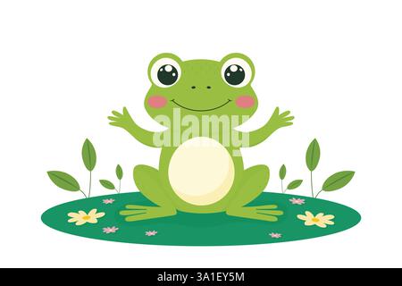 Una piccola rana seduta su un'illustrazione vettoriale piatta del tappetino isolata su uno sfondo bianco. Illustrazione Vettoriale