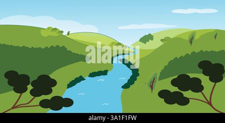 Carta da parati con il fiume che galleggia tra le colline; illustrazione vettoriale del paesaggio con cielo , nuvole , colline , fiume Illustrazione Vettoriale