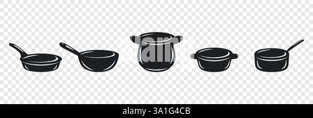 Illustrazione delle pentole con silhouette vettoriale. Pentole da cucina, padelle per friggere, padella. Utensili da cucina, utensili da cucina, set di cottura. Pentole antiaderenti, cucina Illustrazione Vettoriale