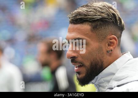 L'attaccante del LAFC Denis Bouanga (99) si scalda prima di un match MLS contro i Seattle Sounders FC al Lumen Field di Seattle, Washington, l'8 marzo 2025. (Foto di Nate Koppelman/Alamy Live News) Foto Stock