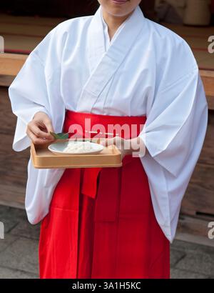 Una fanciulla del santuario miko vestita in abiti rossi e bianchi contiene foglie di sakaki e un piatto di riso cerimoniale come offerta ad una divinità shintoista, Kyoto Giappone. Foto Stock