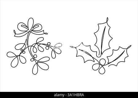 Un set di disegni a linea continua di mignolo, design a bacca di holly. Simbolo di Natale per biglietti d'auguri, adesivi, poster, stampe, striscioni, inviti Illustrazione Vettoriale