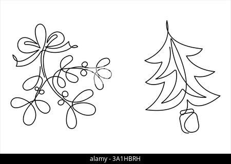 Un set di disegni a linea continua di mignolo, design a bacca di holly. Simbolo di Natale per biglietti d'auguri, adesivi, poster, stampe, striscioni, inviti Illustrazione Vettoriale