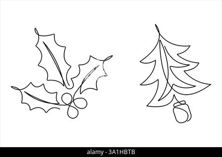 Un set di disegni a linea continua di mignolo, design a bacca di holly. Simbolo di Natale per biglietti d'auguri, adesivi, poster, stampe, striscioni, inviti Illustrazione Vettoriale