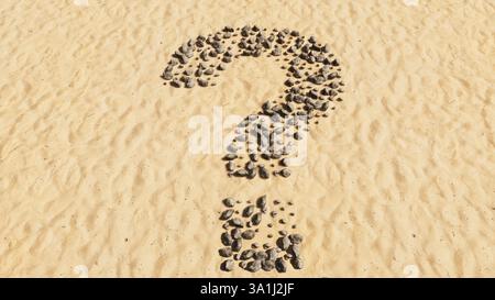 Concept pietre concettuali sulla spiaggia sabbia simbolo forma fatta a mano, sfondo sabbioso dorato, punto interrogativo. metafora dell'illustrazione 3d per la comunicazione Foto Stock
