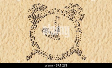 Concetti o pietre concettuali sulla sabbia della spiaggia, forma del simbolo fatto a mano, sfondo dorato, icona della sveglia. metafora dell'illustrazione 3d per il tempo Foto Stock
