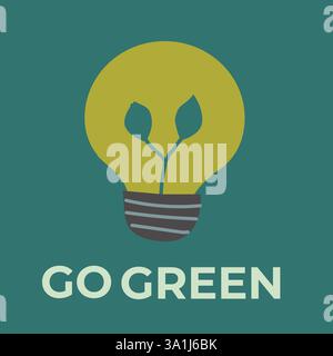Lampadina ecocompatibile con l'icona della pianta e messaggio verde sullo sfondo color verde acqua. Illustrazione Vettoriale