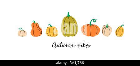 Striscione moderno per il Ringraziamento d'autunno con scritta. Sfondo orizzontale con zucche. Design piatto e minimalista. Illustrazione Vettoriale